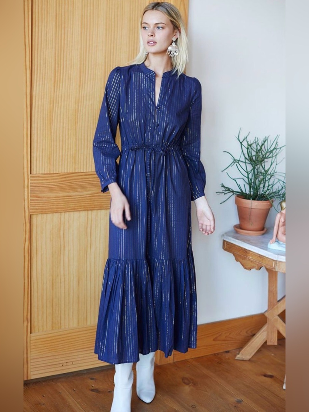 Emerson Fry India Collection Maritime Gold Lurex Frances Dress Navy Stripe XS